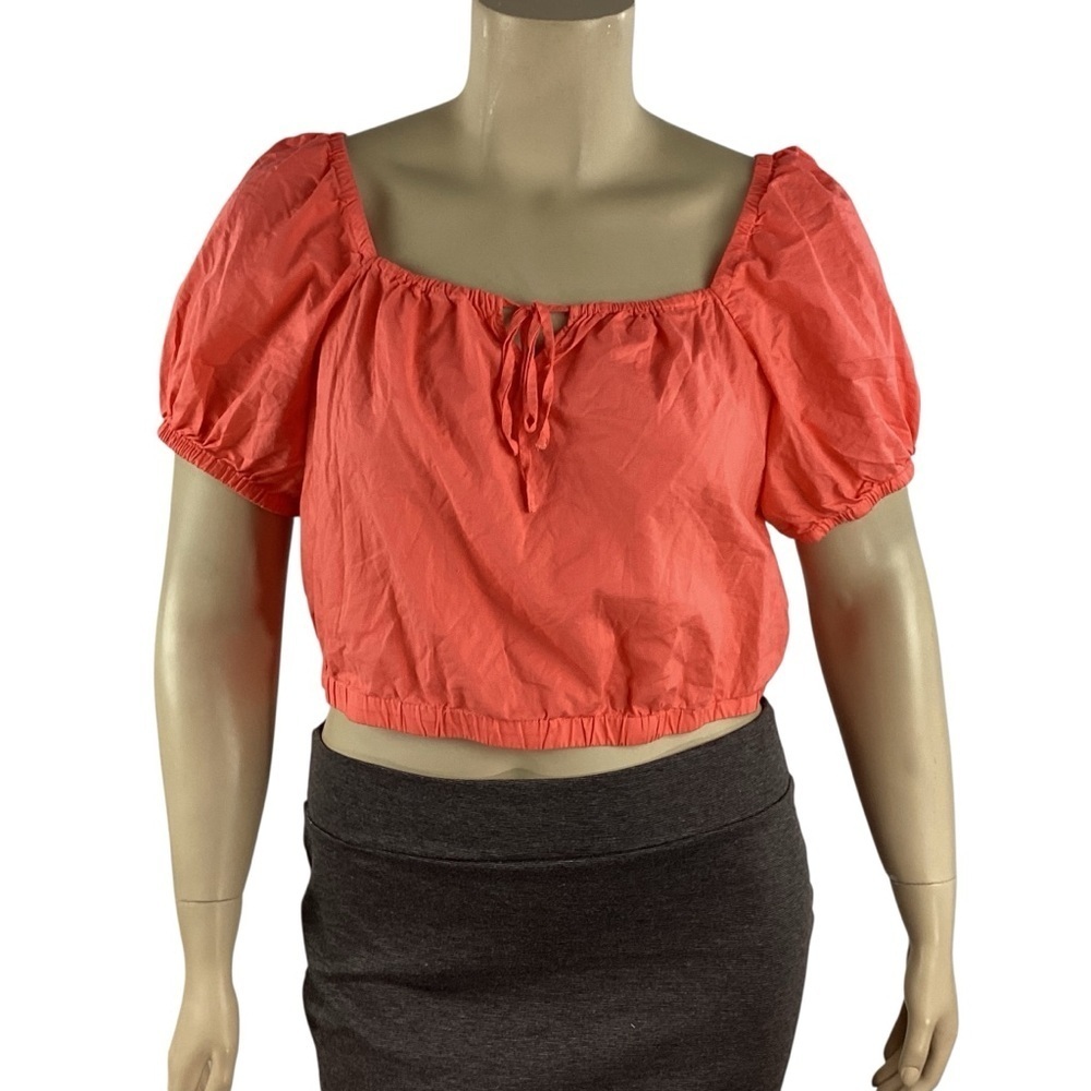 Universal Thread Coral Cotton Peasant Crop Top Puff Sleeve Large